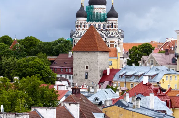 Tallinn. Old city. Red roofs of houses and Alexander Nevsky Cathedral