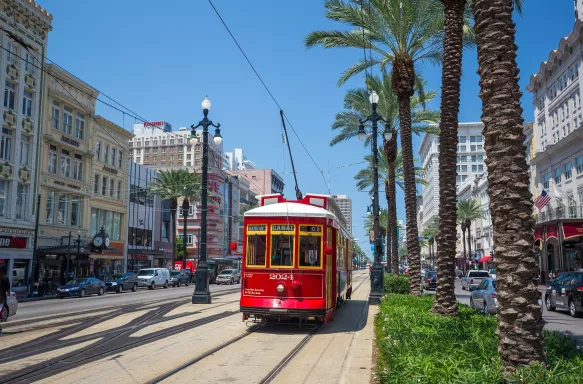 Red New Orleans Streetcar in motion along the downtown line along tall palm trees and street sidewalks