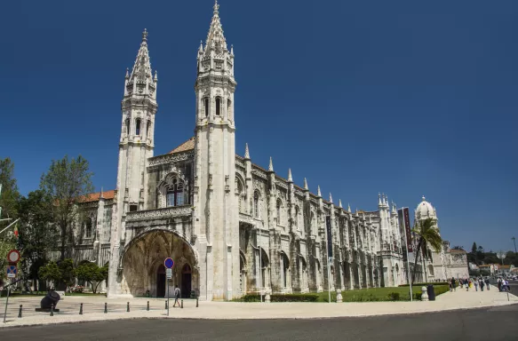 Exterior side view of the Jerónimos Monastery in Lisbon, Portugal