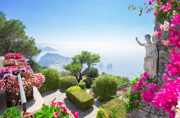 Mount Solaro of Capri island with colourful flowers on a summer day in Italy