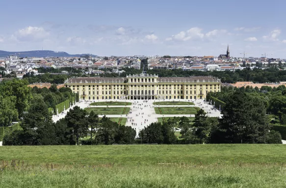 Elevated view of Schönbrunn Palace in Vienna, with the city's skyline in the background.