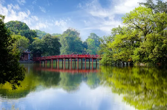 The Huc bridge on Hoan Kiem lake in Hanoi, Vietnam