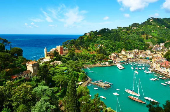 Aerial view of the Portofino Village on the Ligurian Coast of Italy