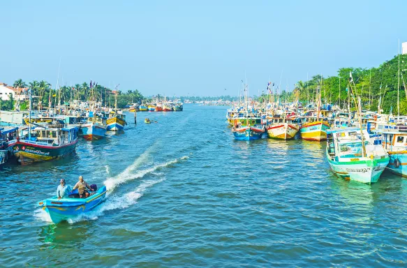 NEGOMBO, SRI LANKA the lagoon is the perfect place for the fishing port, the rows of ships moored at the shores