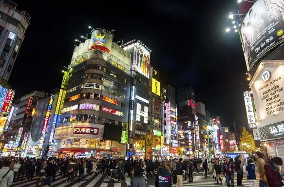 Tokyo main street filled with pedestrians making their way under the neon lights