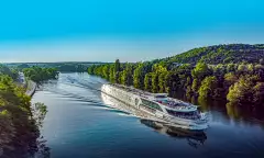 Jane Austen river cruise ship from Riviera sailing down the blue waters on the moselle river 