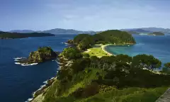 Aerial view of the Bay of Islands and the surrounding sea in New Zealand 