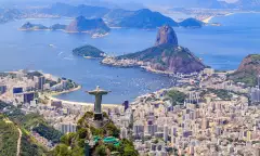 Aerial view of the Corcovado Christ statue and Botafogo Bay in Rio de Janeiro, Brazil