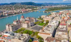 Aerial of Budapest city with view of the the Danube river in Hungary