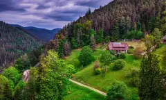 Aerial of the Black Forest with dark clouds in Schwarzwald, Germany
