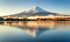 Mount Fuji and its reflection in lake on a bright day in Japan