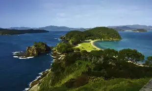 Aerial view of the Bay of Islands and the surrounding sea in New Zealand 