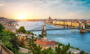 Aerial view of the Hungarian Parliament building and bridge over the Danube river in Budapest
