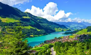 A scenic view or Swiss countryside as seen from a passing train