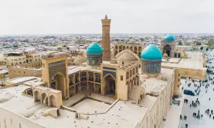Aerial view of the Kalon mosque in Bukhara, Uzbekistan