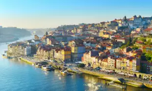 Aerial skyline shot of the colourful buildings in Porto Old Town in sunset light, Portugal.