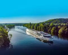 Jane Austen river cruise ship from Riviera sailing down the blue waters on the moselle river 