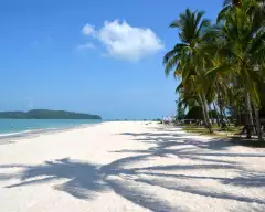 Pantai Cenang beach with white sands and palm trees in Langkawi, Malaysia