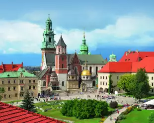 View of Wawel Cathedral and surrounding buildings in Krakow, Poland