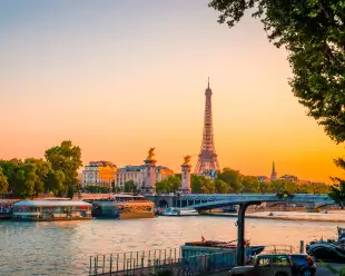 Sunset view of the Eiffel Tower and River Seine in Paris, France