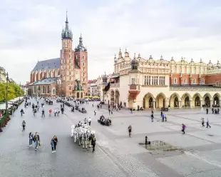 Distant view of Kraków Cloth Hall and it's exterior streets