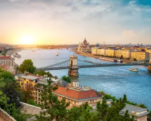 Aerial view of the Hungarian Parliament building and bridge over the Danube river in Budapest