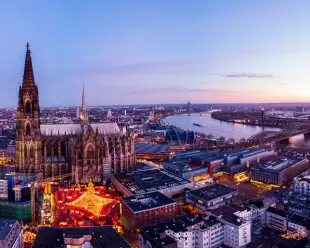 Aerial shot of the Cologne Christmas Markets during sunset in Germany