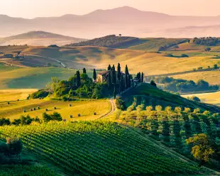  A lonely farmhouse with rolling hills, cypress and olive trees in Tuscany, Italy.