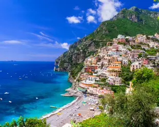 The Amalfi Coast with houses and beautiful blue sea in Italy