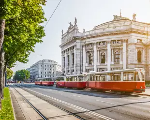 Wiener Ringstrasse with Burgtheater and tram at sunrise, Vienna, Austria