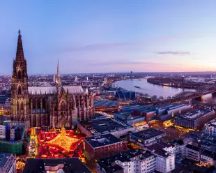 Aerial shot of the Cologne Christmas Markets during sunset in Germany