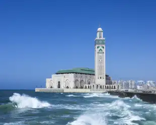 The Hassan II Mosque surrounded by the sea in Casablanca, Morocco