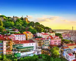 Old town cityscape skyline at dusk in Lisbon, Portugal