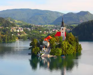 Santa Maria Church catholic church on an island in the centre of Lake Bled, Slovenia