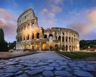 View of the Colosseum in Rome at dusk, Italy