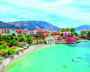 Assos village on Kefalonia Island and beautiful blue bay in Greece