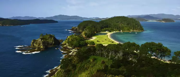 Aerial view of the Bay of Islands and the surrounding sea in New Zealand 