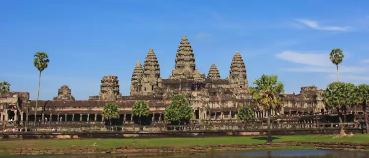 Angkor Wat temple complex being reflected in the water in Cambodia, Southern Asia