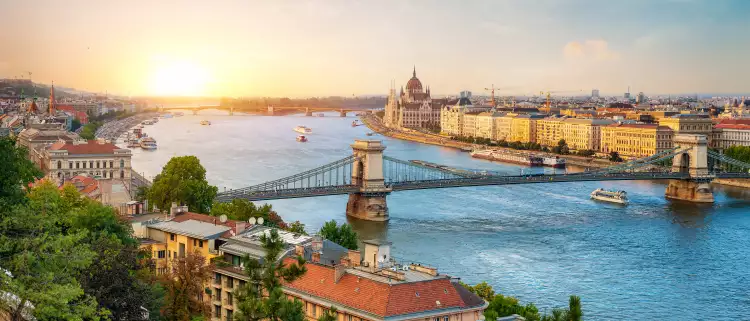 Aerial view of the Hungarian Parliament building and bridge over the Danube river in Budapest