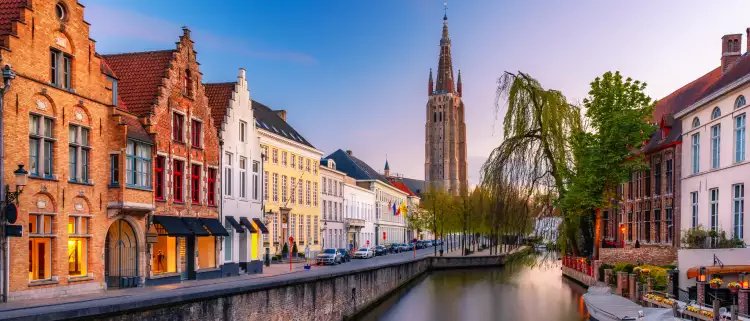 Beautiful view of Bruges old historical town during sunset in Belgium