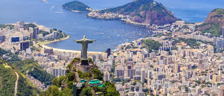 Aerial view of the Corcovado Christ statue and Botafogo Bay in Rio de Janeiro, Brazil