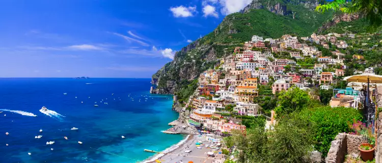 The Amalfi Coast with houses and beautiful blue sea in Italy