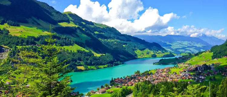 A scenic view or Swiss countryside as seen from a passing train