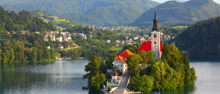 Santa Maria Church catholic church on an island in the centre of Lake Bled, Slovenia