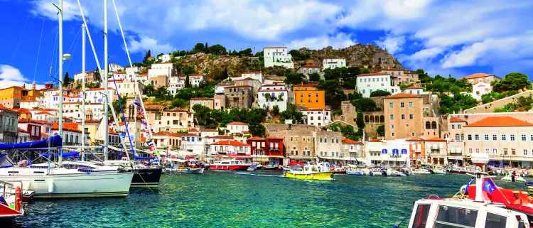 View of port with colourful boats on Hydra island in Saronic, Greece
