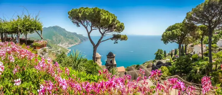 Amalfi Coast from Villa Rufolo gardens in Ravello, Campania, Italy