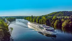 Jane Austen river cruise ship from Riviera sailing down the blue waters on the moselle river 