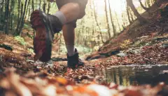 Close-up of hiker boots crossing mountain forest stream in autumn