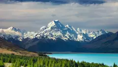 Bright blue water infront of the New Zealand National Park, Mt Cook