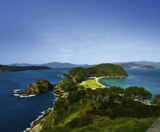 Aerial view of the Bay of Islands and the surrounding sea in New Zealand 